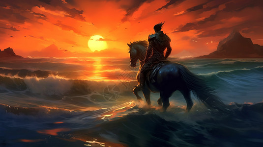 夕阳海岸上骑马的男人插画图片