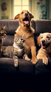 沙发上可爱的狗狗和猫咪图片