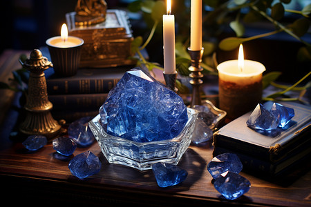 古典书籍上的蓝色水晶背景图片