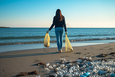 海边回收垃圾的志愿者高清图片
