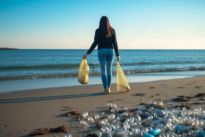 海边回收垃圾的志愿者图片
