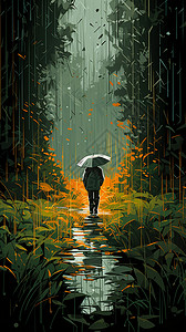 雨天车灯雨天丛林中孤独的男人插画