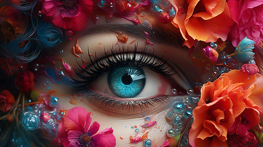 鲜花包围的蓝色瞳孔图片