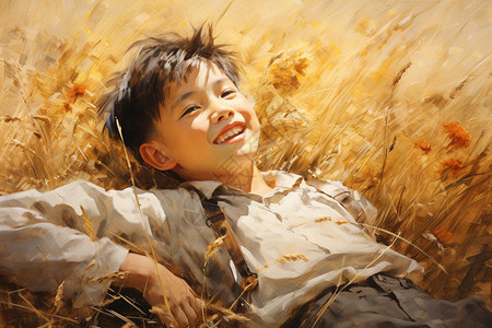 金色稻田中的小男孩图片