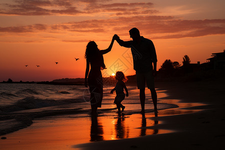 海边一家人海边幸福的一家人剪影背景