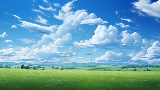 蓝天白云下的大草原景观图片