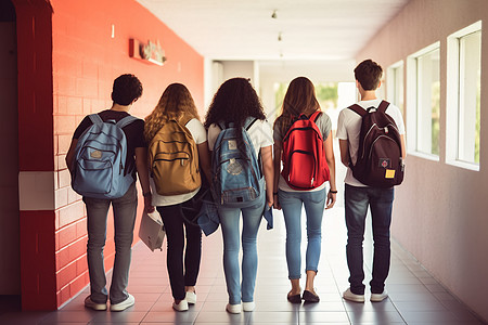 学校走廊中结伴同行的学生背景图片