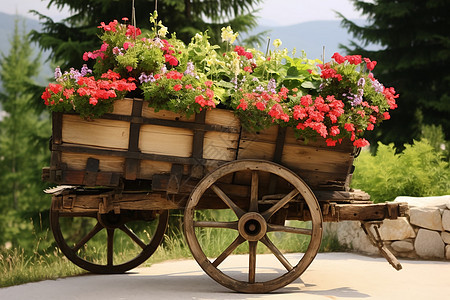 乡村种植花朵盆栽的木车背景图片