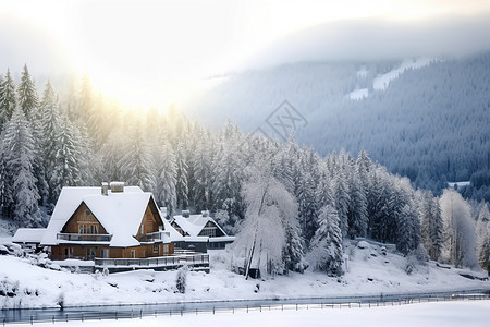 日出时的雪地小屋图片