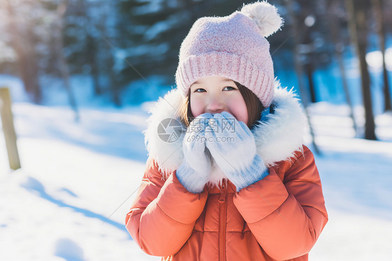 雪地上开朗的女孩图片