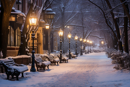 城市夜晚道路小路被白雪覆盖背景