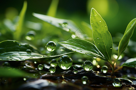 中国风谷雨自然树叶旁边的水滴背景