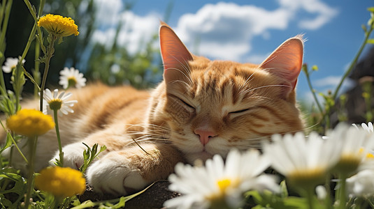 在花丛里睡觉的小猫背景图片