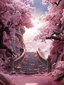 浪漫樱花树的楼梯图片