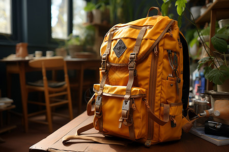 木桌上简约的黄色背包背景图片