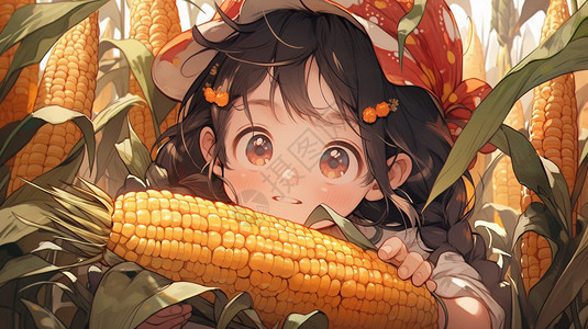 拿着玉米的动漫小女孩图片