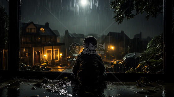 下雨时向外望去的孩子图片