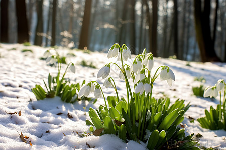 大雪冬季树林中的雪莲花背景