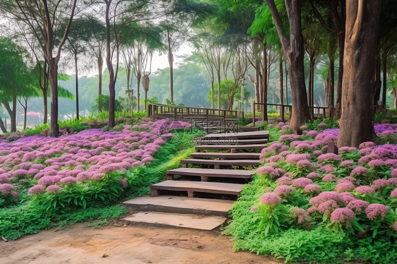 山中树林盛开的紫色花丛图片