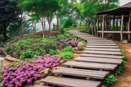 木质衣柜阶梯两旁盛开的鲜花背景