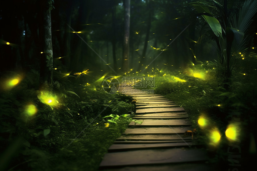 梦幻的丛林萤火虫插画图片