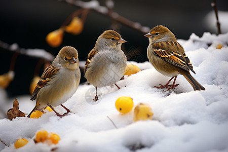 三只待在雪地上的麻雀背景