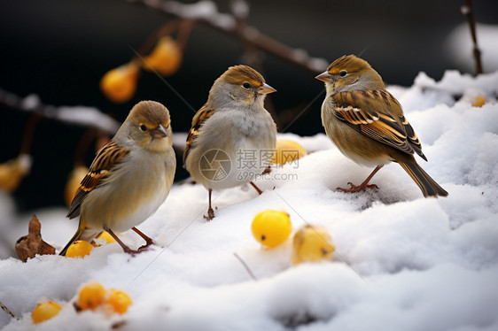 三只待在雪地上的麻雀图片