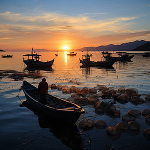 日出下捕鱼的场景渔网高清图片素材