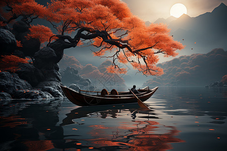 坐着船荡在湖面上的人图片