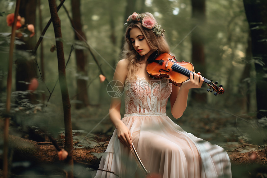 森林中弹小提琴的外国女子图片