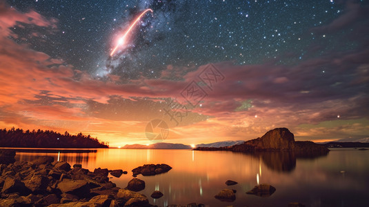 傍晚时岩石地区天空流星景观图片