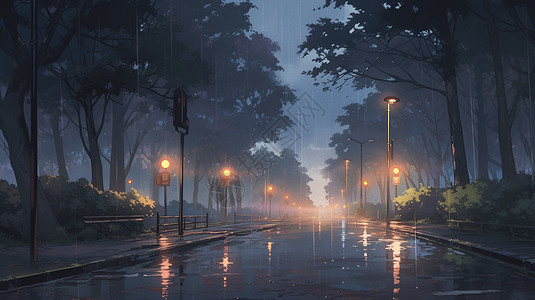 动漫风格的下雨天城市街景图片