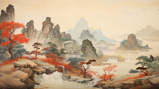 風水畫古代山间风景水墨画插画