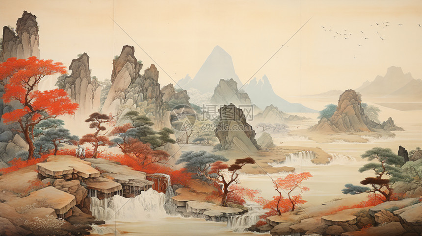古代山间风景水墨画插画图片下载-正版图片600436424-摄图网