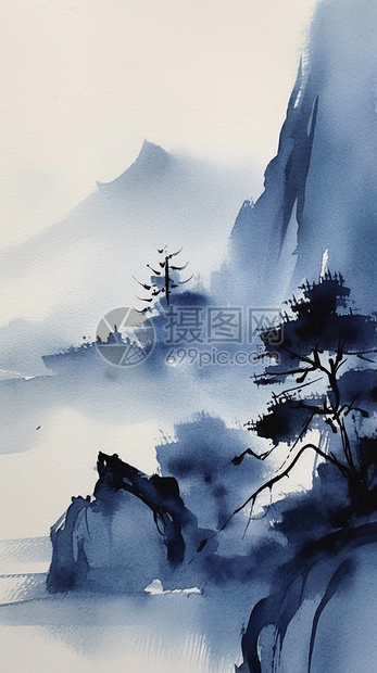 蓝色调的山脉和水流水墨画图片