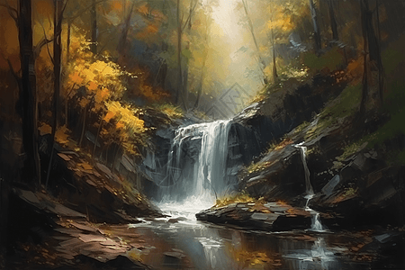 油画风格的森林瀑布景观高清图片