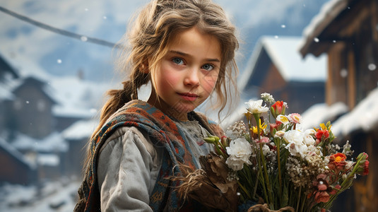 雪山村庄中的美丽小女孩图片