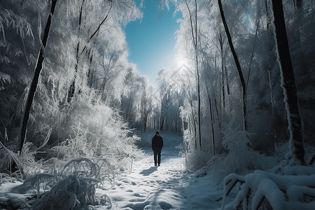 一个人走过白雪覆盖的森林图片