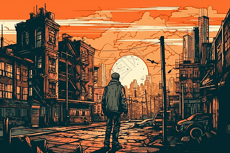 复古城市街头的孤独男子背景图片