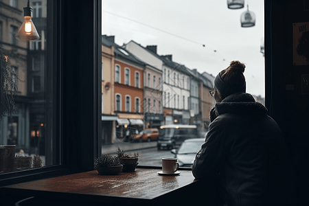 咖啡店窗前观看城市街景的人图片