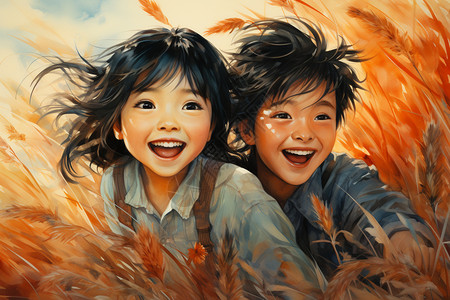 孩子在金色稻田中玩耍图片