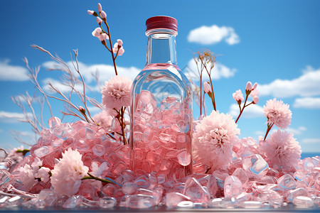 创意超现实粉色花卉和瓶子图片