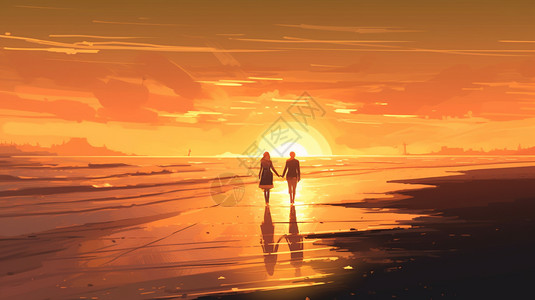 两个人背影海滩上的情侣插图插画