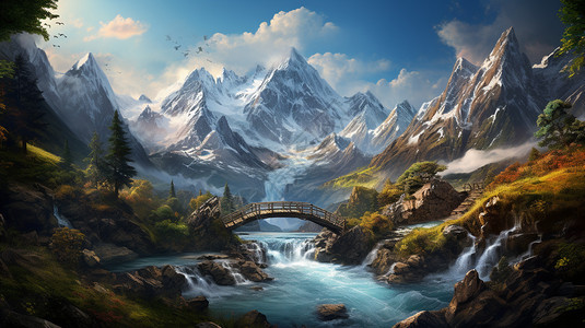 高山流水小桥背景图片