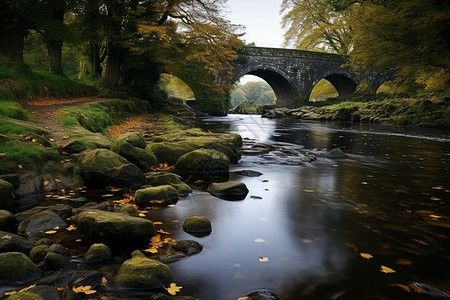 秋季山间溪流上的石桥图片