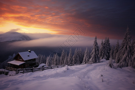 夕阳下薄雾弥漫的雪山图片