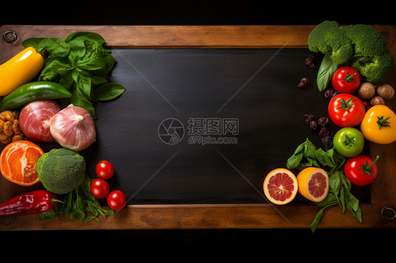 新鲜营养的饮食黑板背景图片