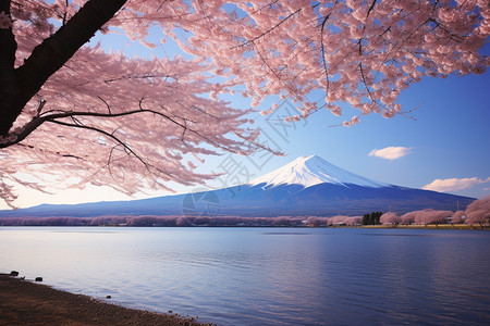 富士山下盛开的樱花街道背景图片