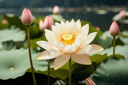 池塘中盛开的莲花图片