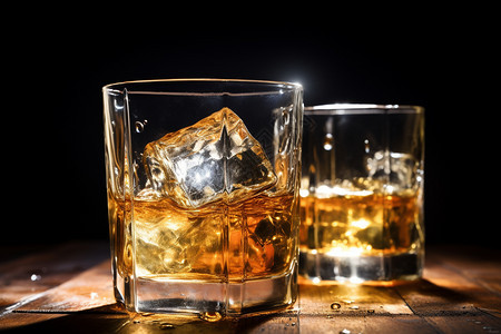 玻璃杯中的冰镇威士忌图片